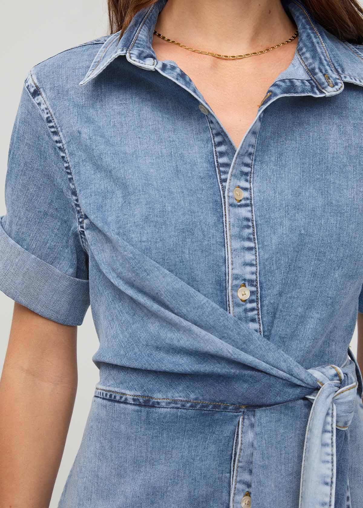 Performance Denim Lite Wrap Shirt Dress - Light Stone - Image 4