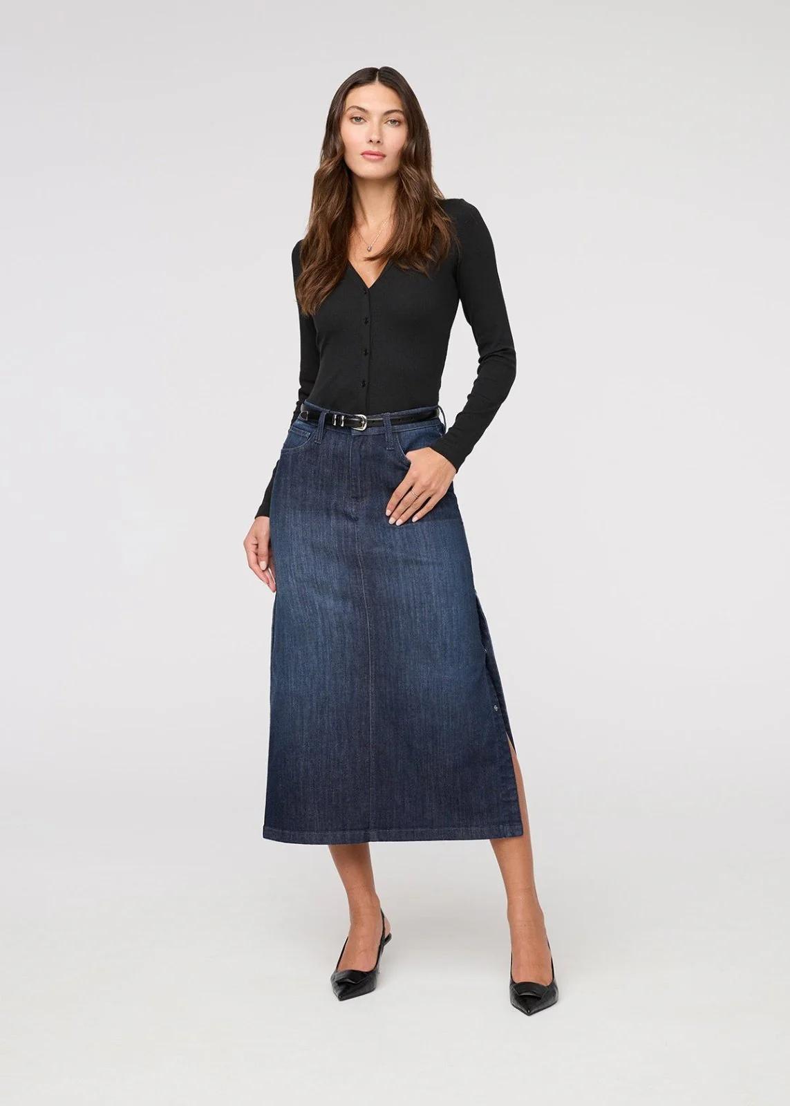 Performance Denim Slit Skirt - Dark Stone