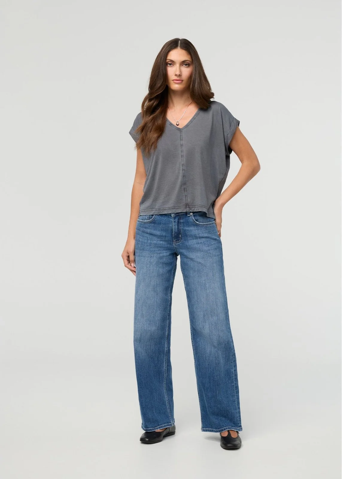 PurePima Dolman V-Neck - Washed Grey - Image 2