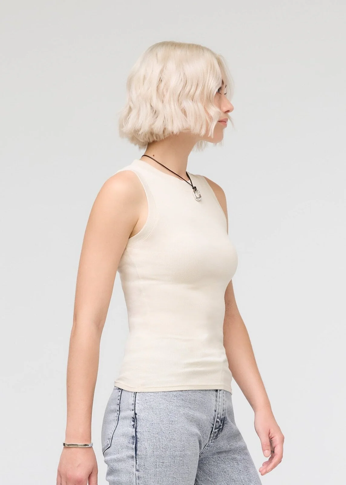 Ribbed Pima High Neck Tank - Ecru - Image 3
